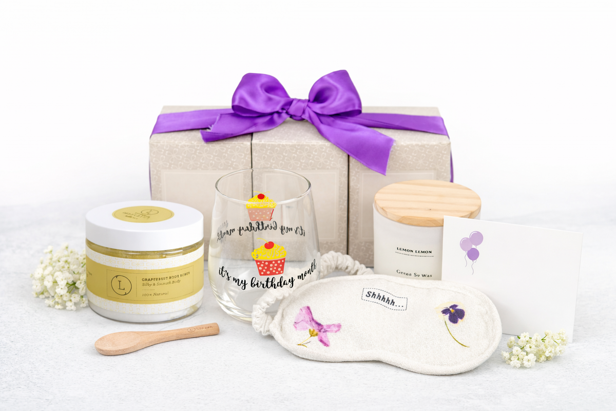 Lizush Trio Spa Gift Basket And Self Care Gifts For Women With Wine Glass, Candle, Grapefruit Body scrub, Eye Mask - Enjoy Every Moment - 4 Piece Set