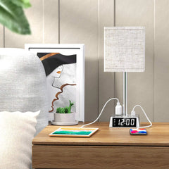 Modern Table Lamp with Alarm Clock, USB Ports & AC Outlets