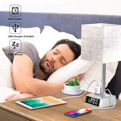 Modern Table Lamp with Alarm Clock, USB Ports & AC Outlets