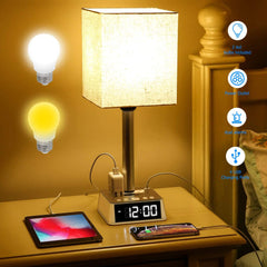 Modern Table Lamp with Alarm Clock, USB Ports & AC Outlets