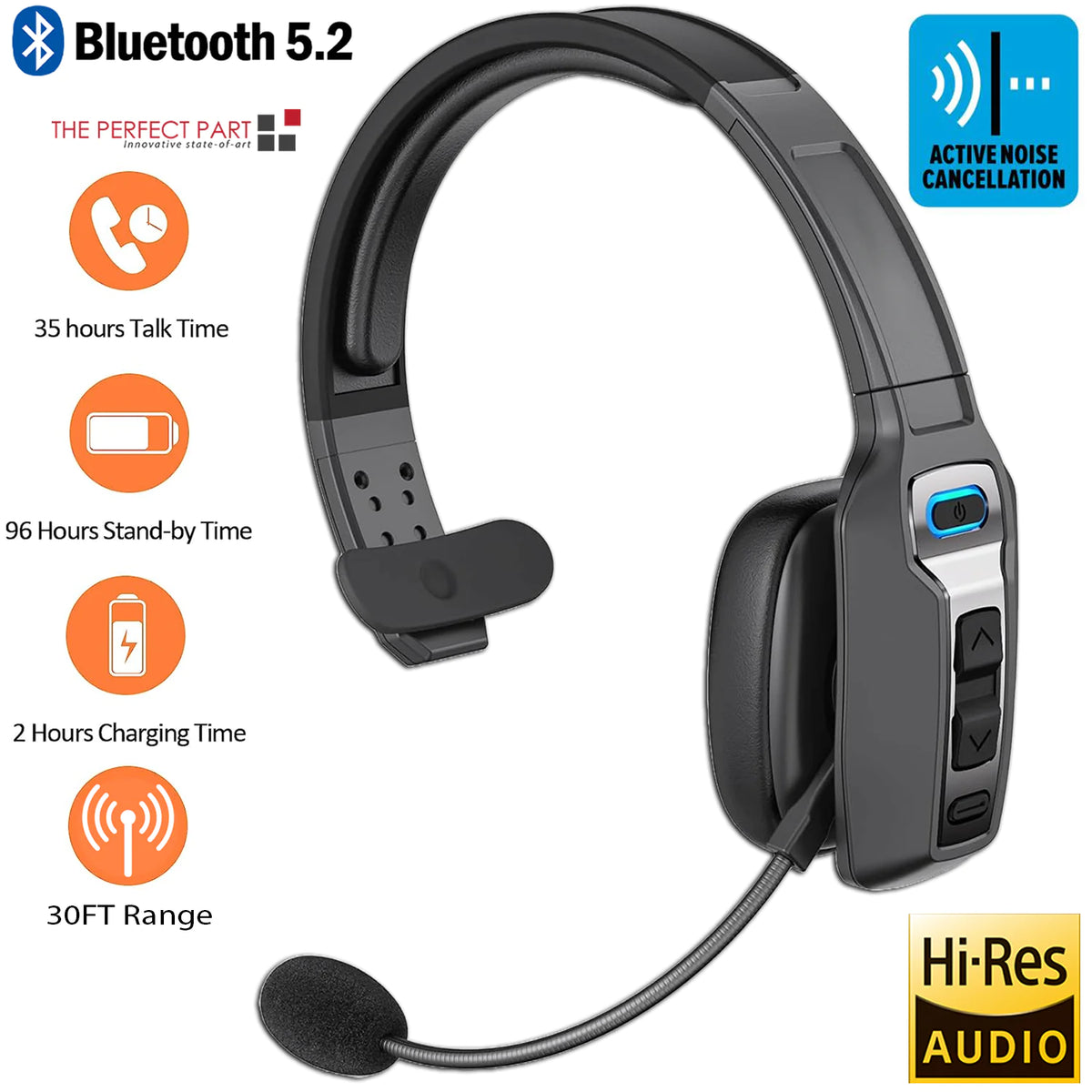 Trucker Bluetooth 5.2 Wireless Headset with AI Noise-Canceling Microphone